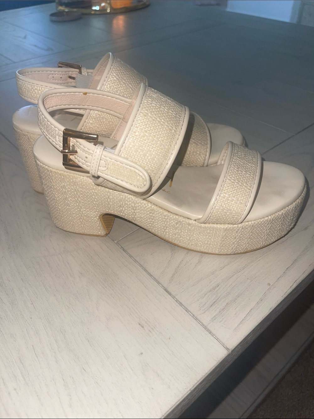 Matisse Cream Woven Platform Sandals with Gold Buckle